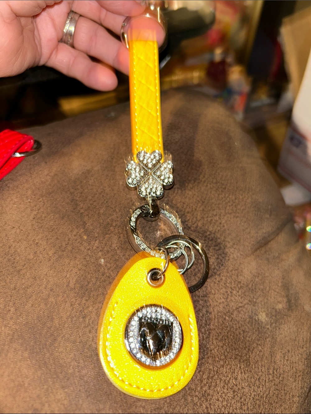 Yellow Crystal Dodge Charm Leather Keychain Wristlet